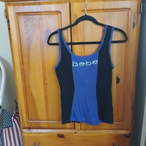 bebe Blue & Black Rhinestone Logo Tank